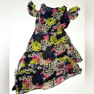 Just Taylor Yellow Floral Asymmetrical Ruffle Dress with Flutter Sleeve